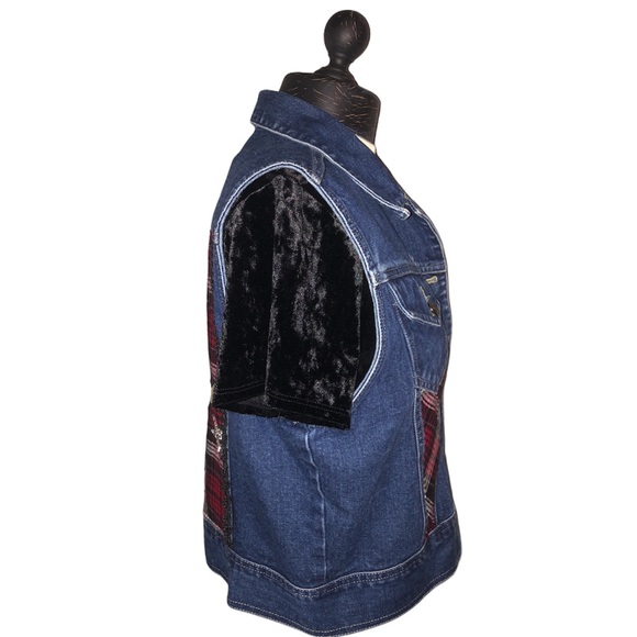 Upcycled Red Plaid Stars Rocker Punk Denim Vest - Picture 7 of 13